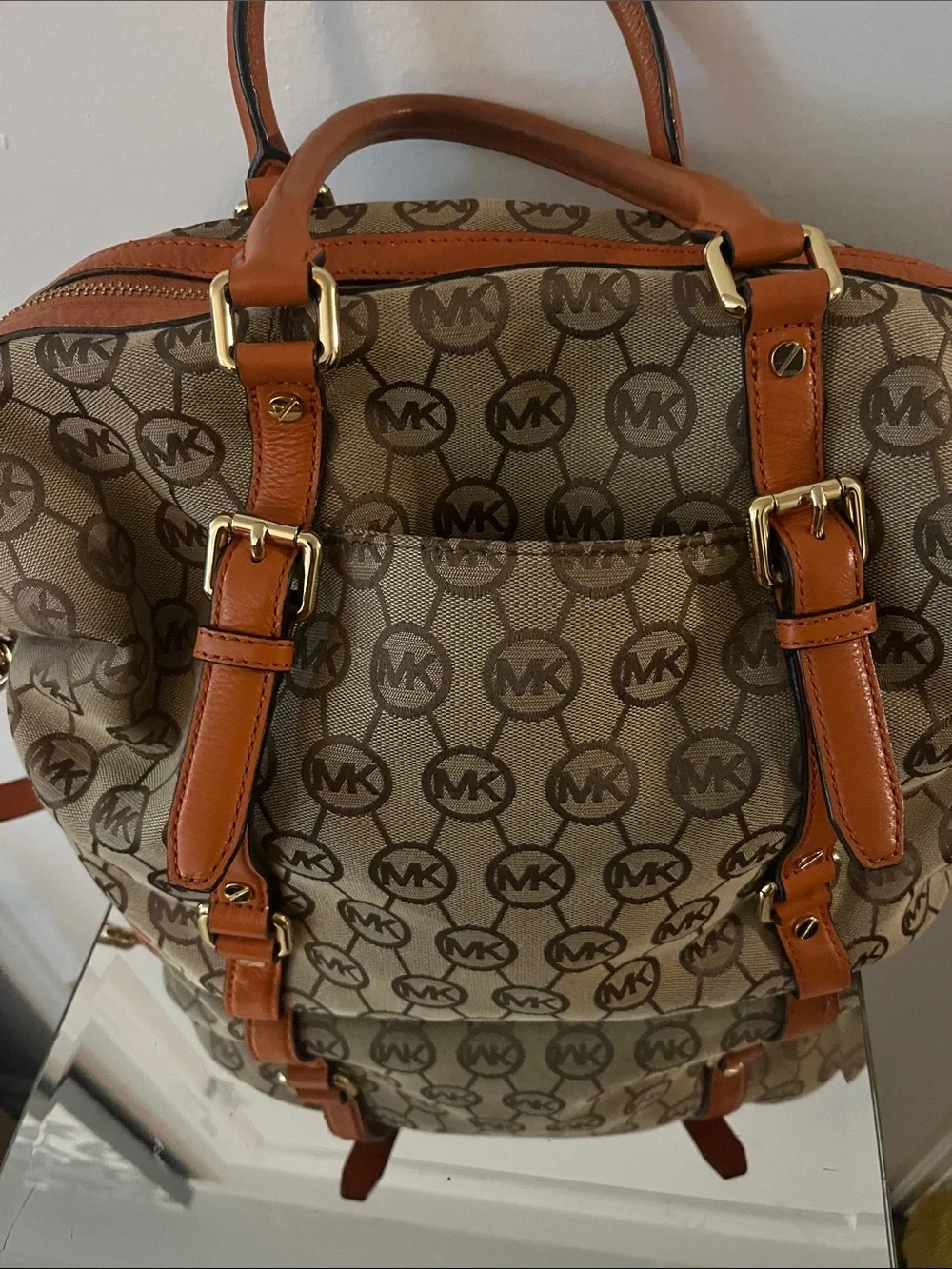 Michael Kors Brown/Tan Monogram Canvas Satchel with Leather Trim